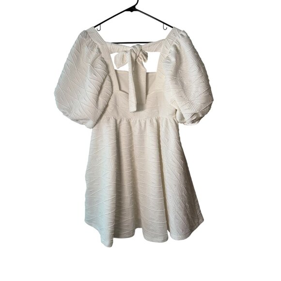 Free People White Textured Puff Sleeve Dress With Bow Tie Back Womens Size Small - Picture 3 of 8